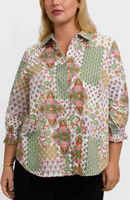 Foxcroft Olivia Patchwork Print Smocked Cuff Cotton Button-Up Shirt