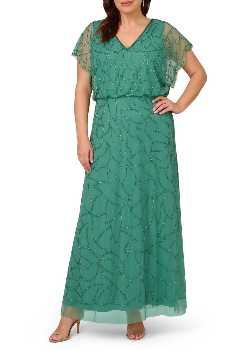 Beaded Mesh Blouson Gown, Main, color, JUNGLE GREEN