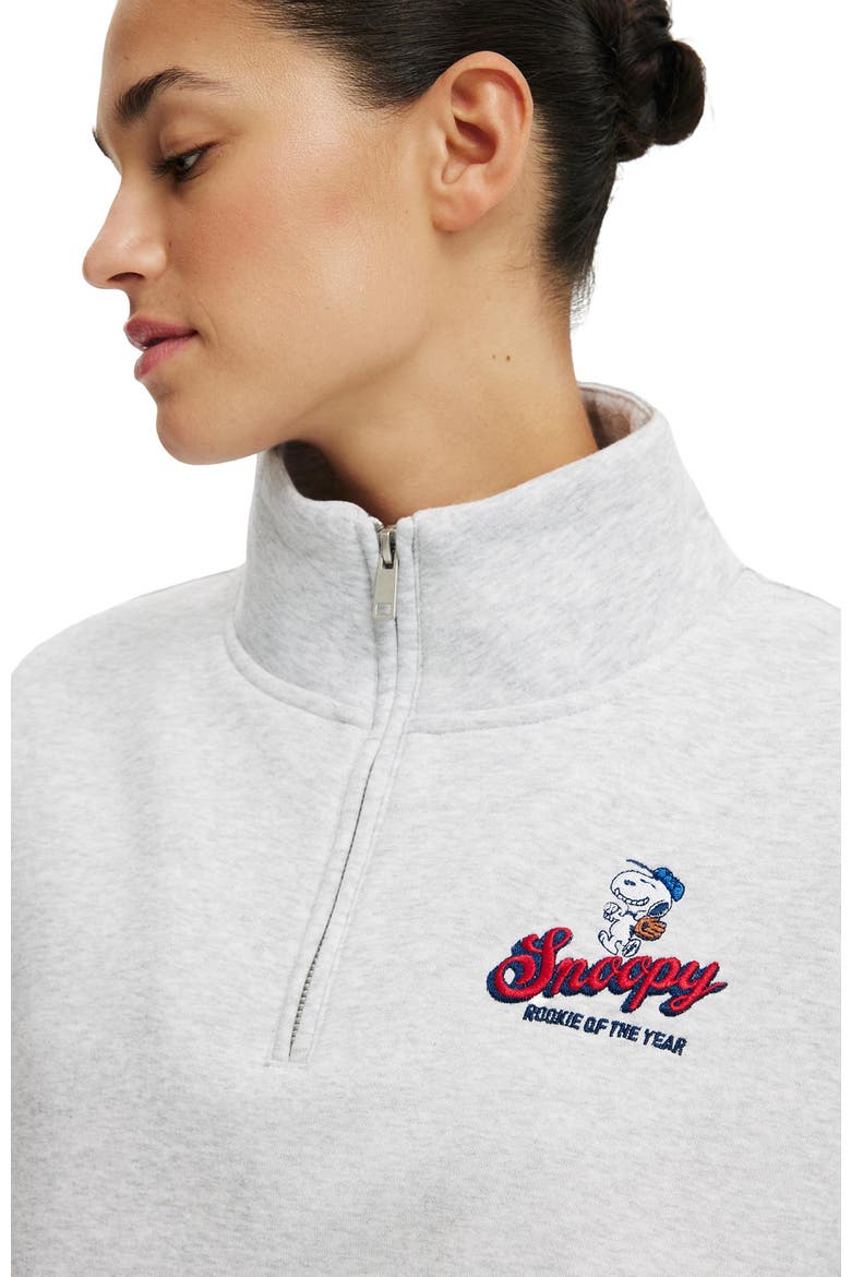 Women's Quarter Zip License Graphic Sweatshirt, Alternate, color, Lcn Pea Snoopy Soft Grey