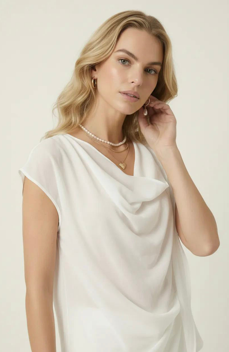 Modenaire Draped Cowl Neck Top with Asymmetrical Overlay Detail, Alternate, color, Ivory