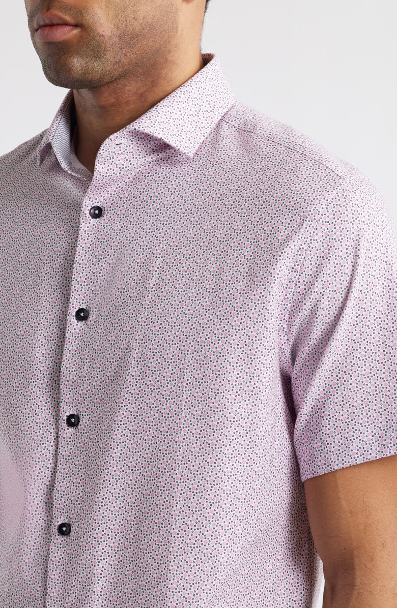 Stone Rose Artisanal Trim Fit Floral Geo Print Short Sleeve Cotton & Lyocell Button-Up Shirt, Alternate, color, Medium Pink