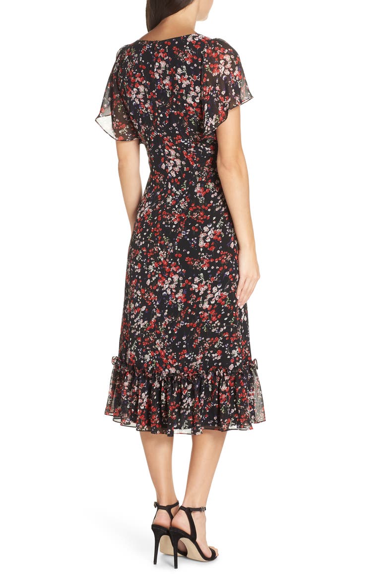 Floral Ruffle Midi Dress, Alternate, color, BLACK- RED SPRING BLOSSOMS