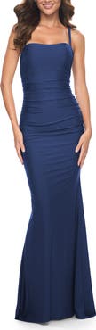 La Femme Simple Ruched Jersey Dress with Lace Up Back