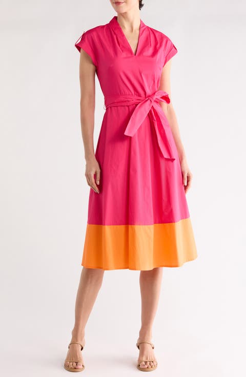 Colorblock Cap Sleeve Cotton Poplin Midi Dress