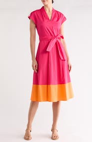 Vince Camuto Colorblock Cap Sleeve Cotton Poplin Midi Dress