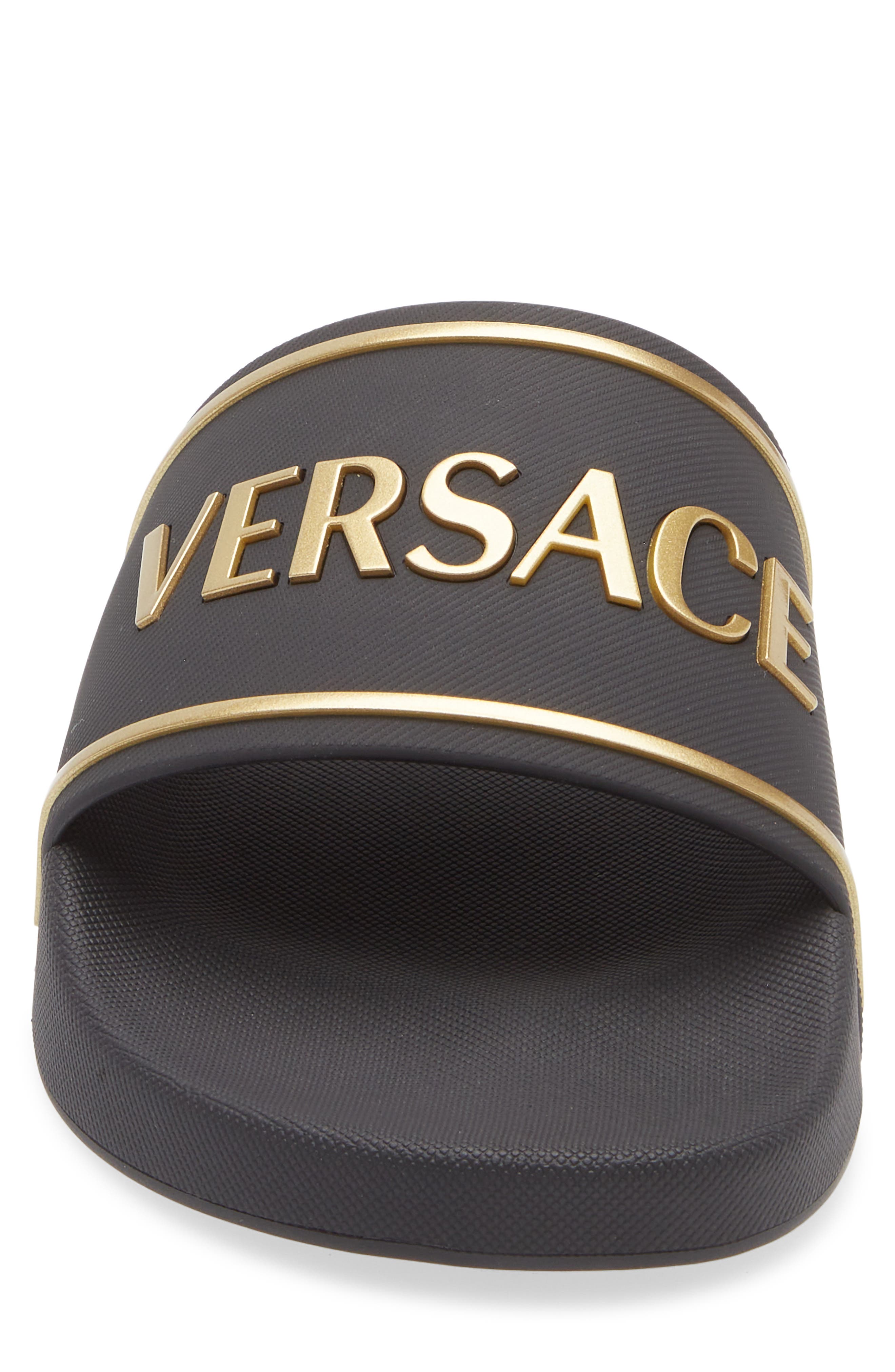Versace Logo Pool Slide Sandal, Alternate, color, Black Gold