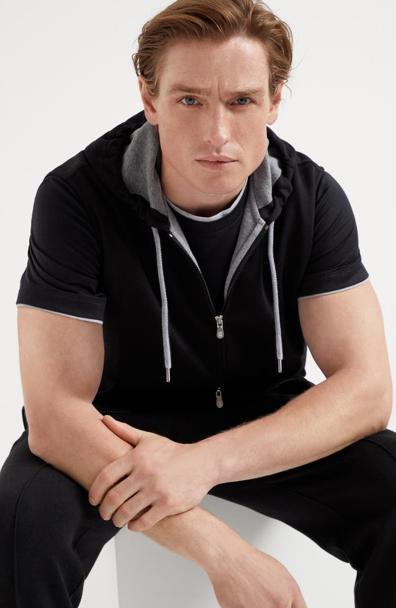 Brunello Cucinelli Cotton, cashmere and silk French terry double cloth sleeveless sweatshirt with zipper and hood, Alternate, color, 