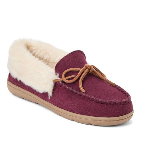 Suede Moc With Leather Lacing & Faux Fur Trim Slippers