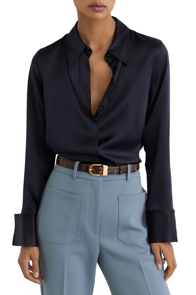 Ameira Silk Satin Button-Up Shirt, Main, color, NAVY