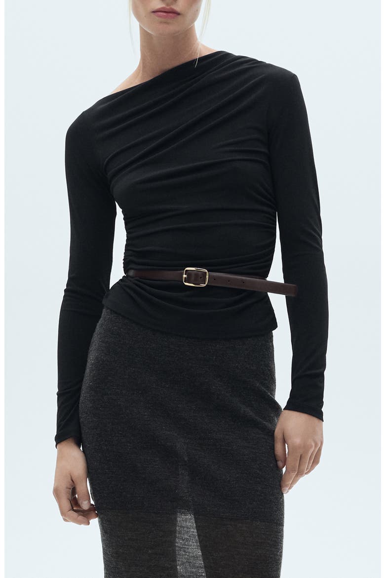 Asymmetric Gathered Long Sleeve Top, Main, color, BLACK