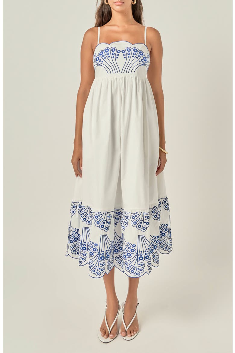 Embroidered Midi Dress, Main, color, WHITE/ BLUE