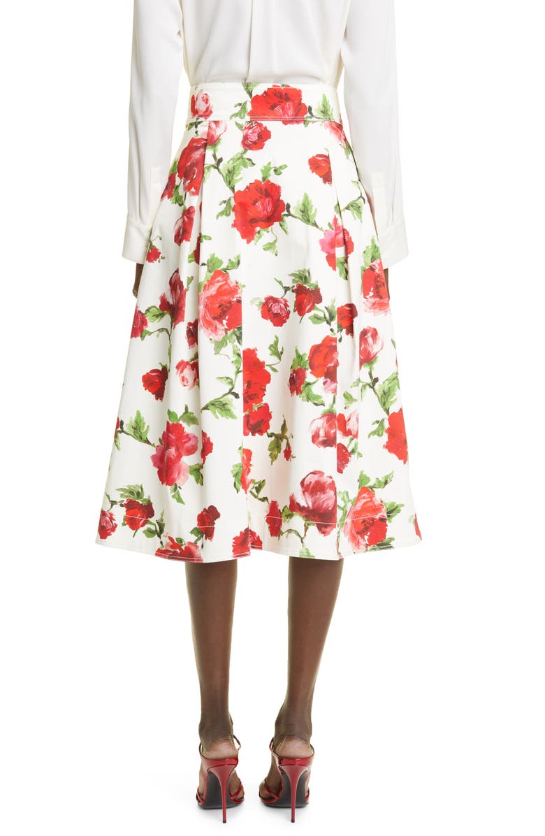 Carolina Herrera Rose Print Button Front Cotton A-Line Skirt, Alternate, color, 