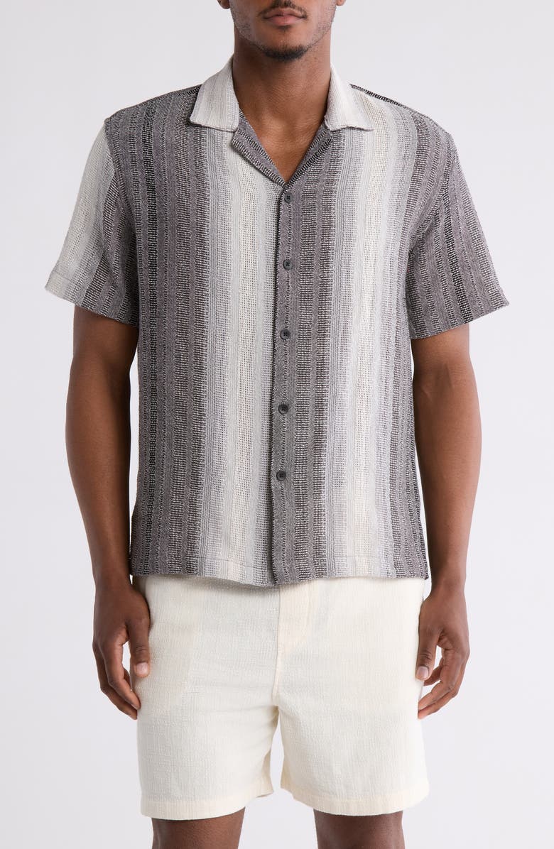 DENIM AND FLOWER Stripe Cotton Blend Camp Shirt, Main, color, Gray/White