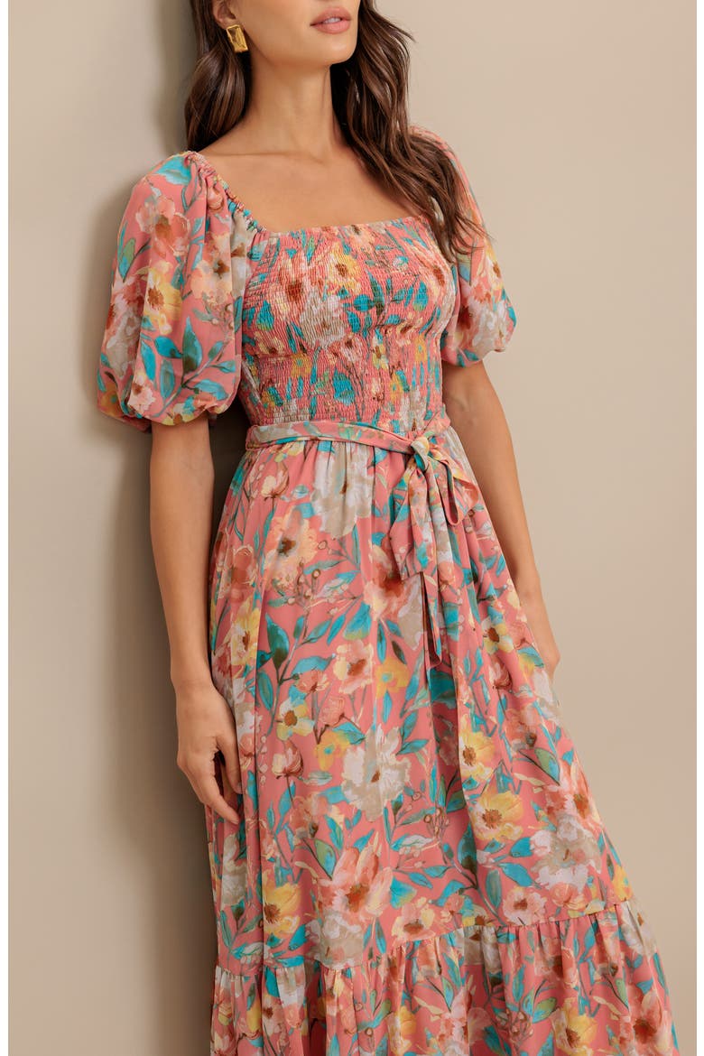 Smocked Puff Sleeve Midi Dress, Alternate, color, ROSE