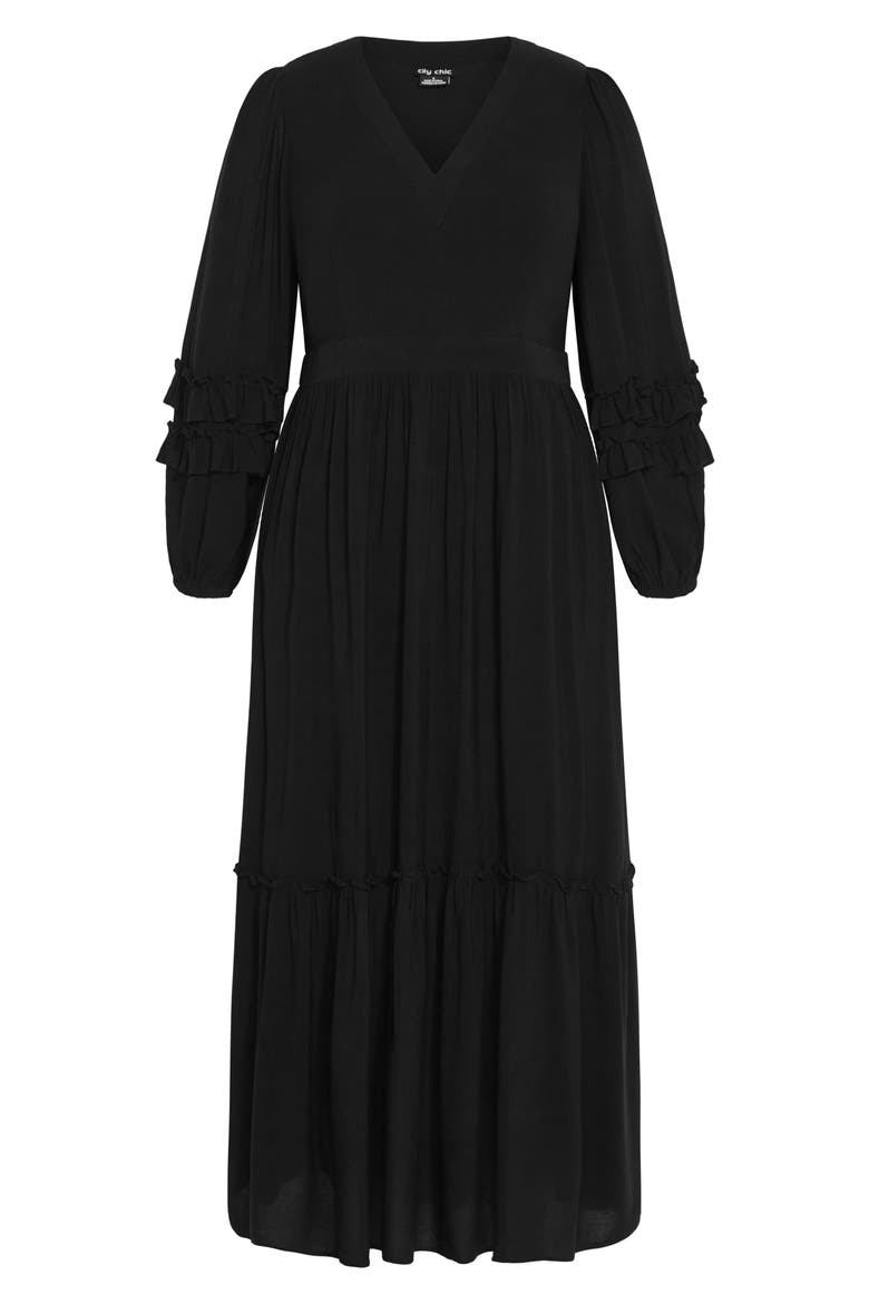 Malia Ruffle Long Sleeve Maxi Dress, Alternate, color, BLACK