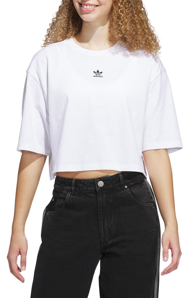 adidas Originals Essentials Trefoil Logo Crop T-Shirt, Main, color, White