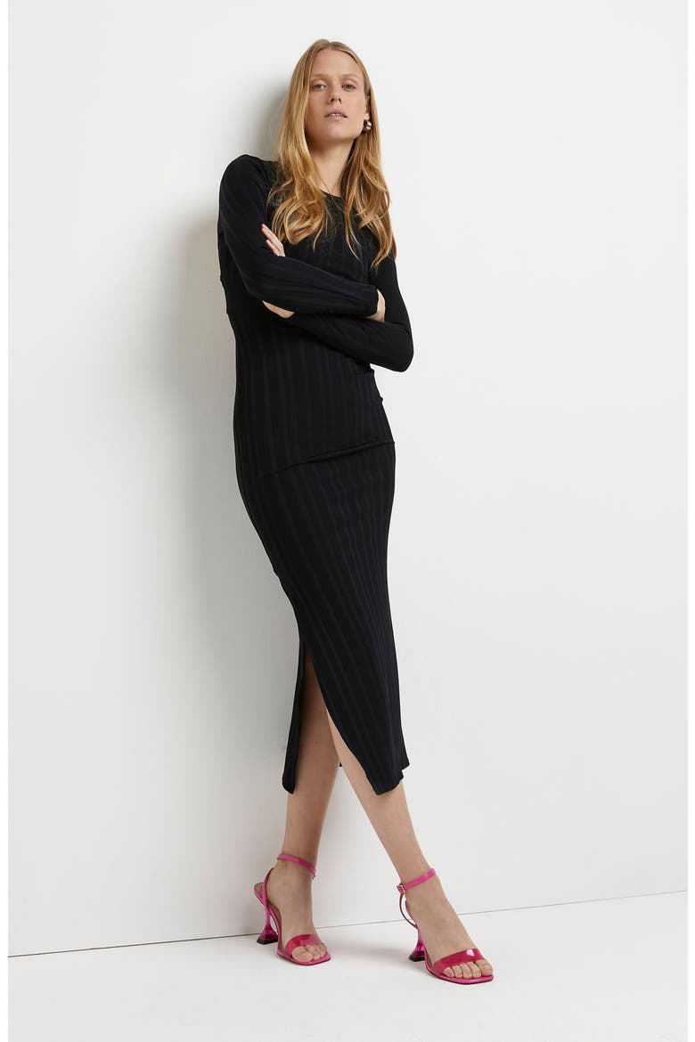 Lace-Up Back Long Sleeve Rib Midi Dress, Alternate, color, BLACK