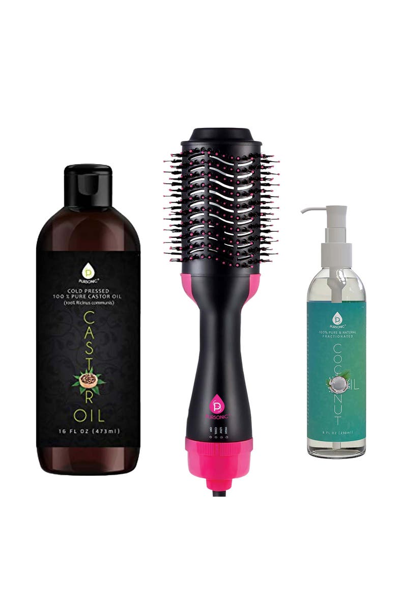Coconut Oil, Hair Dryer Brush & Castor Oil Set, Main, color, Black