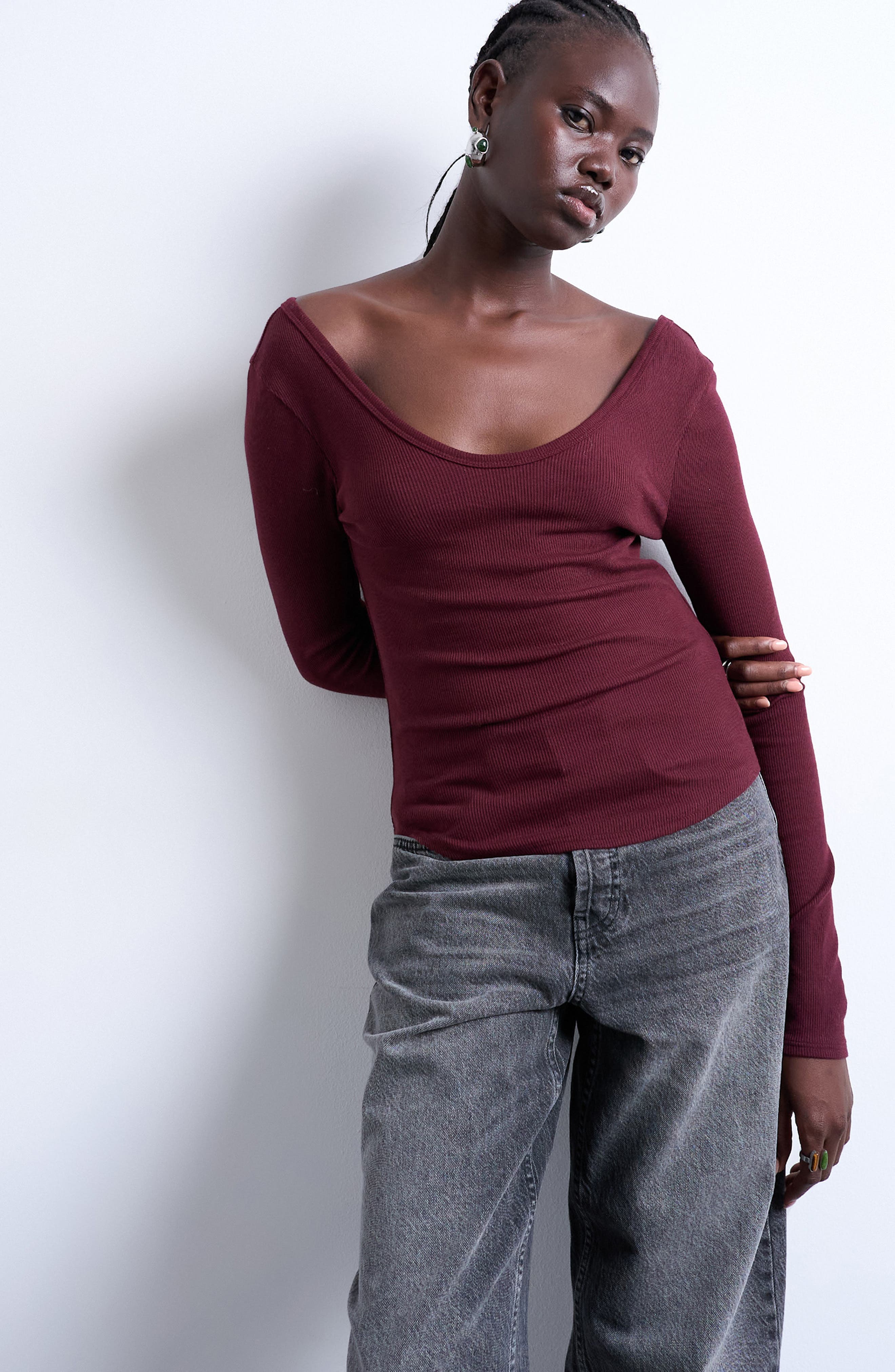 Topshop Double V-Neck Long Sleeve Stretch Cotton Rib Top