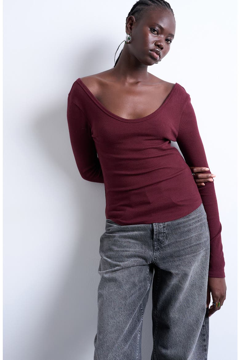 Double V-Neck Long Sleeve Stretch Cotton Rib Top, Main, color, BURGUNDY