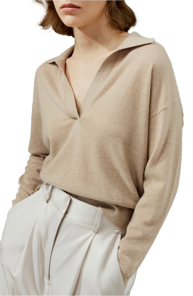 Lilysilk Women's V Neck Cashmere Polo Sweater, Main, color, Beige