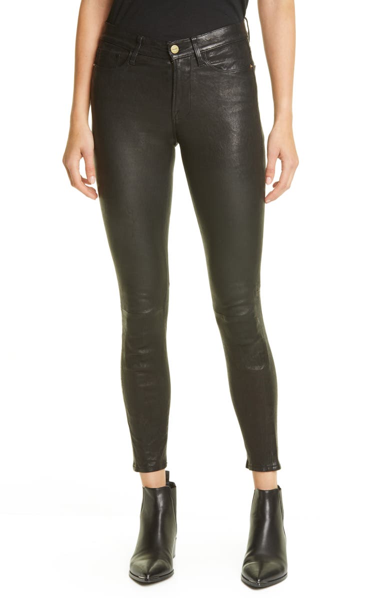 FRAME Le High Waist Crop Leather Pants, Main, color, Washed Black