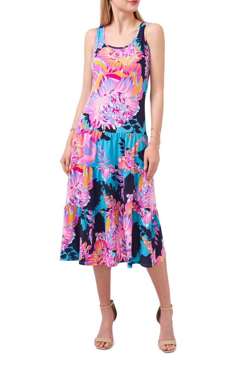 Sleeveless Floral Tiered Midi Dress, Main, color, AQUA / NAVY