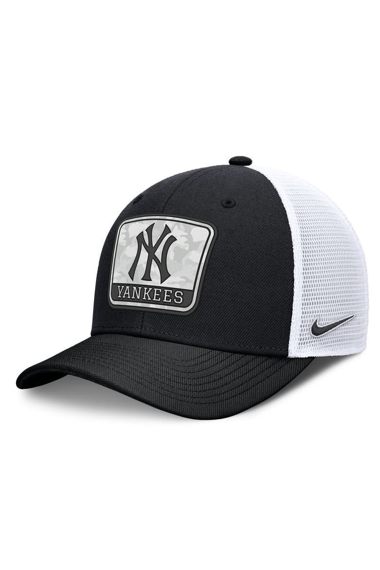 Men's Nike Black/White New York Yankees Camo Rise Trucker Dri-FIT Adjustable Hat, Main, color, Black