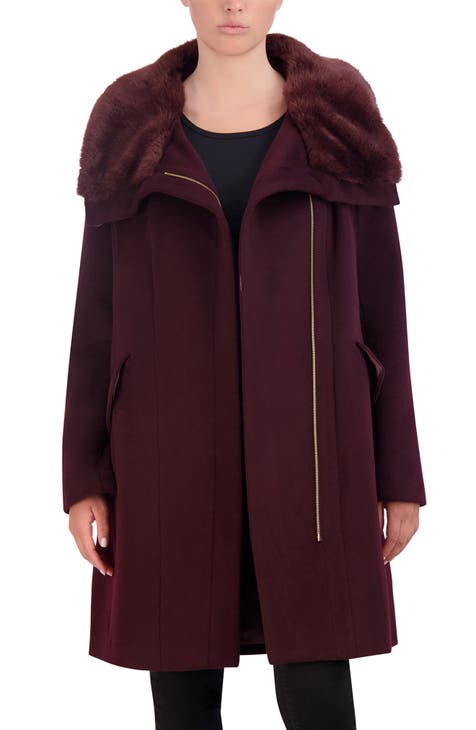 Asymmetric Wool Blend Coat with Faux Fur Collar