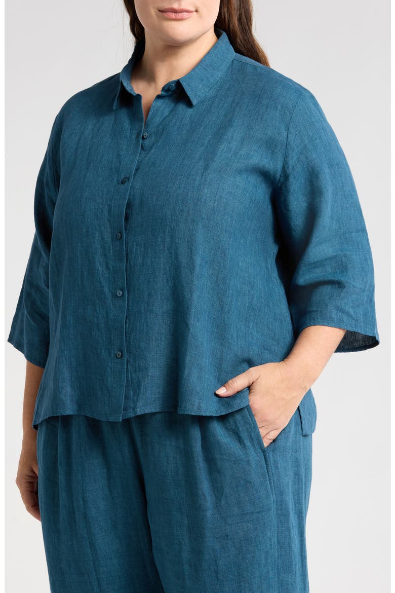 Classic Collar Organic Linen Button-Up Shirt, Alternate, color, HARBOR