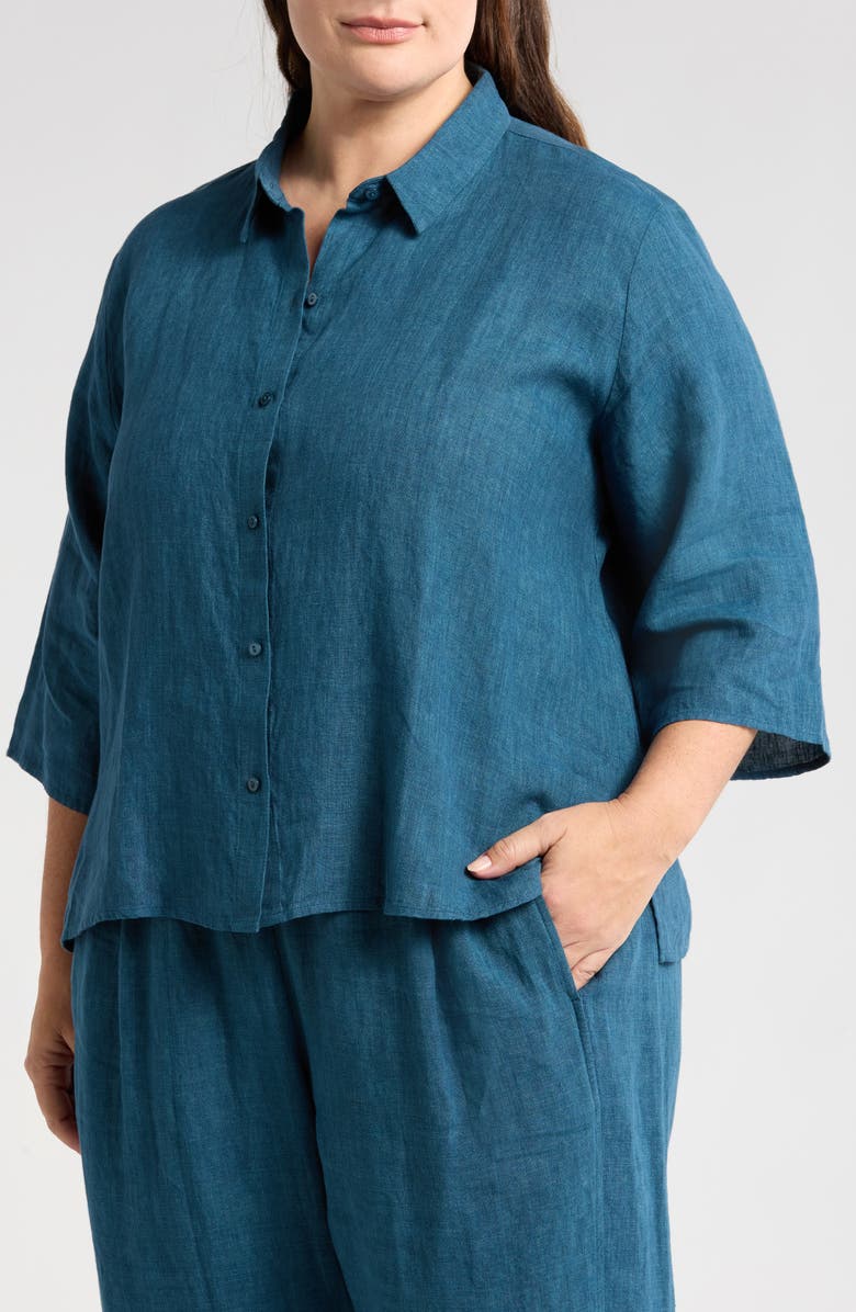 Eileen Fisher Classic Collar Organic Linen Button-Up Shirt, Alternate, color, Harbor