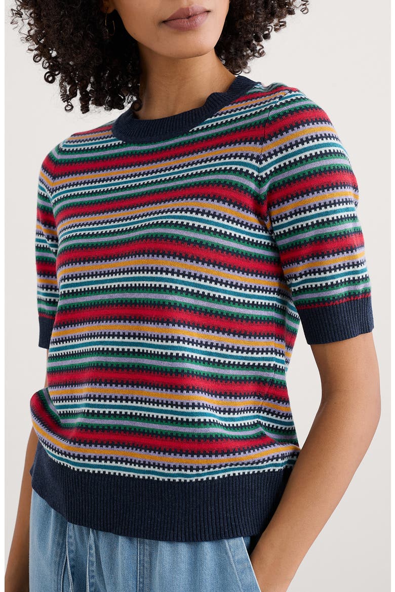 Rock Bell Stripe Short Sleeve Organic Cotton Crewneck Sweater, Main, color, KNIT ZIG ZAG CLOVER MARITIME
