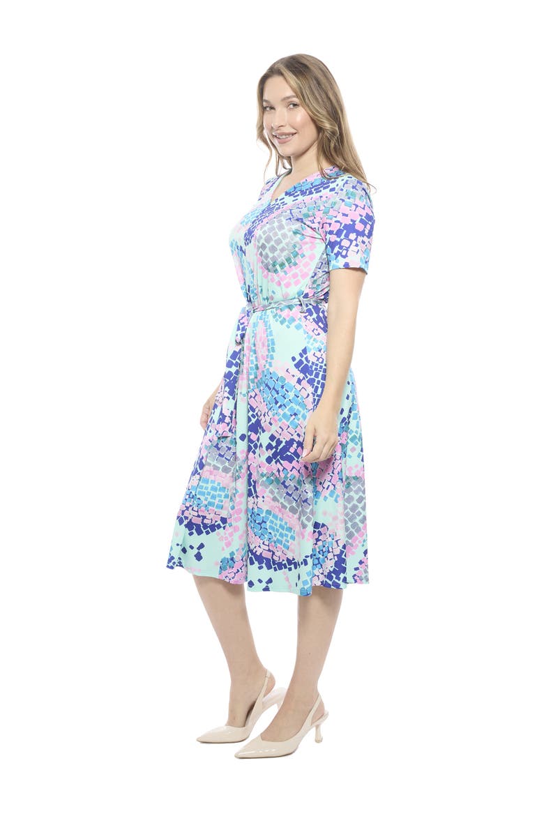 Womens Essential V-Neck Short Sleeve A-Line Midi Dress, Alternate, color, Blue Multi