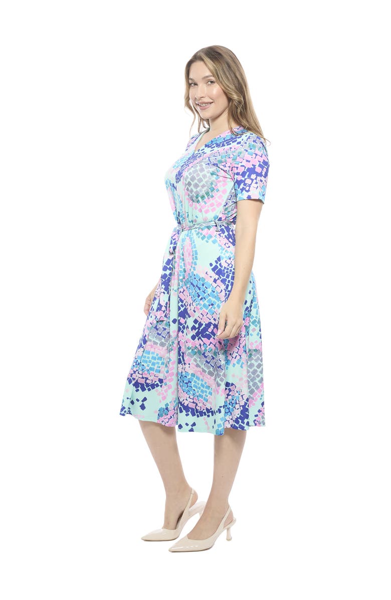 24seven Comfort Apparel Womens Essential V-Neck Short Sleeve A-Line Midi Dress, Alternate, color, Blue Multi