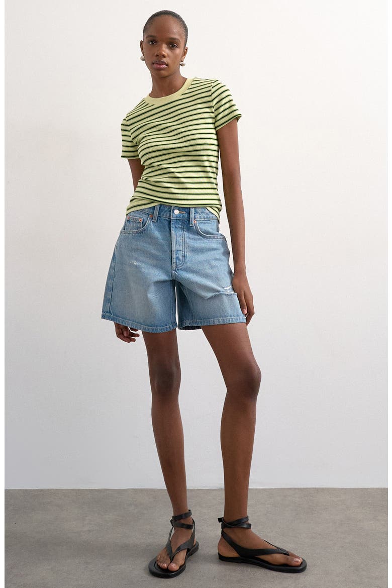 Editor Mid Rise Denim Shorts, Main, color, BLUE