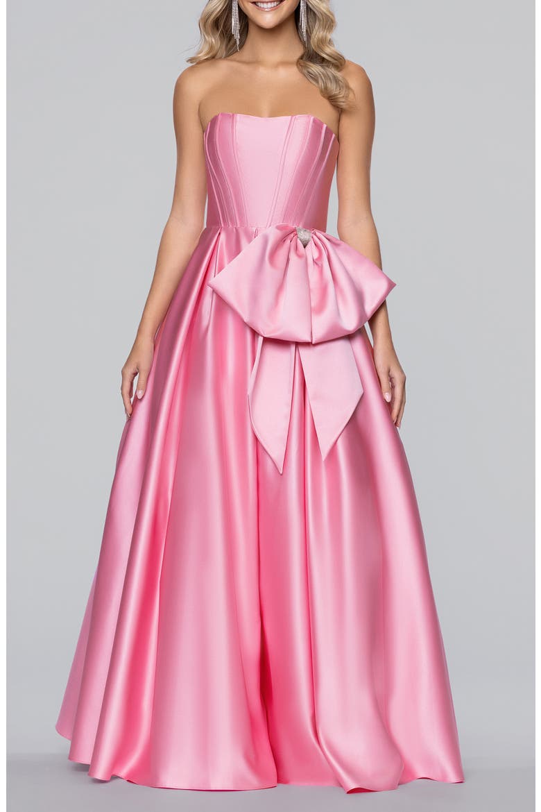 Bow Strapless Satin Ballgown, Main, color, PINK