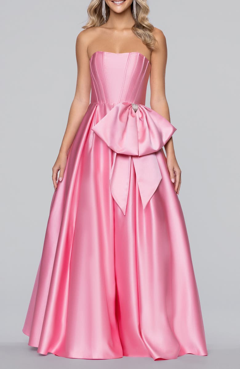 Blondie Nites Bow Strapless Satin Ballgown, Main, color, Pink