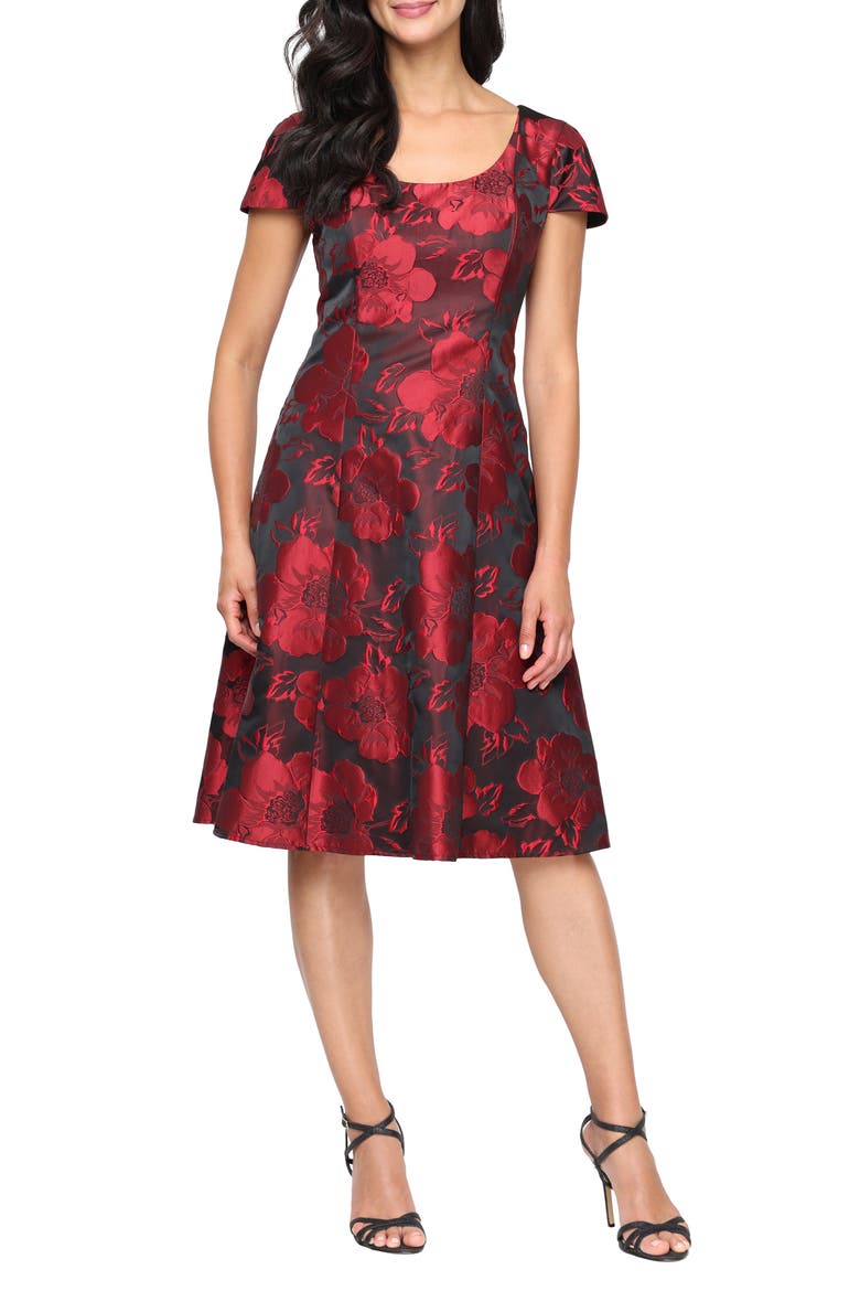Floral Print Jacquard A-Line Midi Dress, Main, color, RED/ BLACK