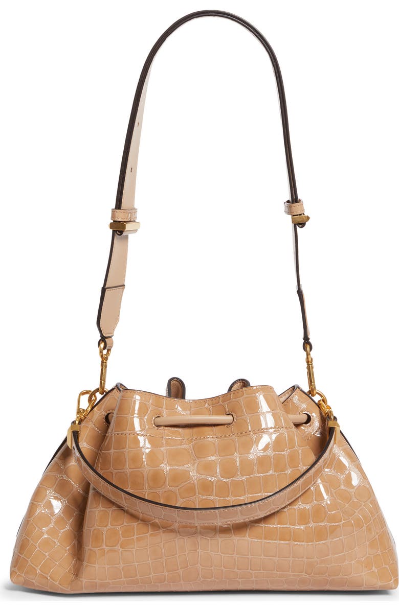 Jimmy Choo Cinch M Croc Embossed Patent Leather Bucket Bag, Alternate, color, Chai/ Gold