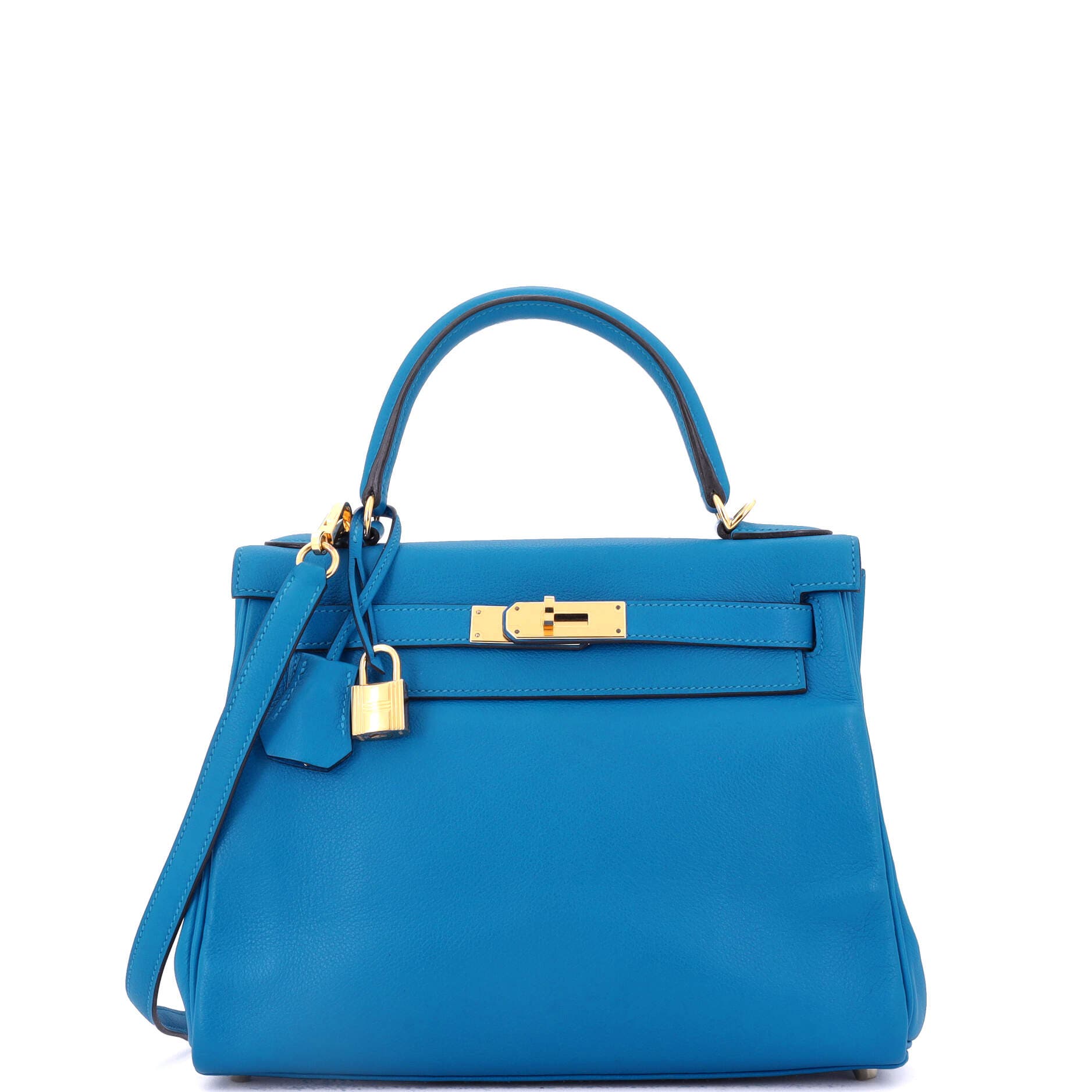 Pre-Owned Hermes Kelly Handbag Blue Evercolor with Gold Hardware 28, Main, color, Bleu Zanzibar