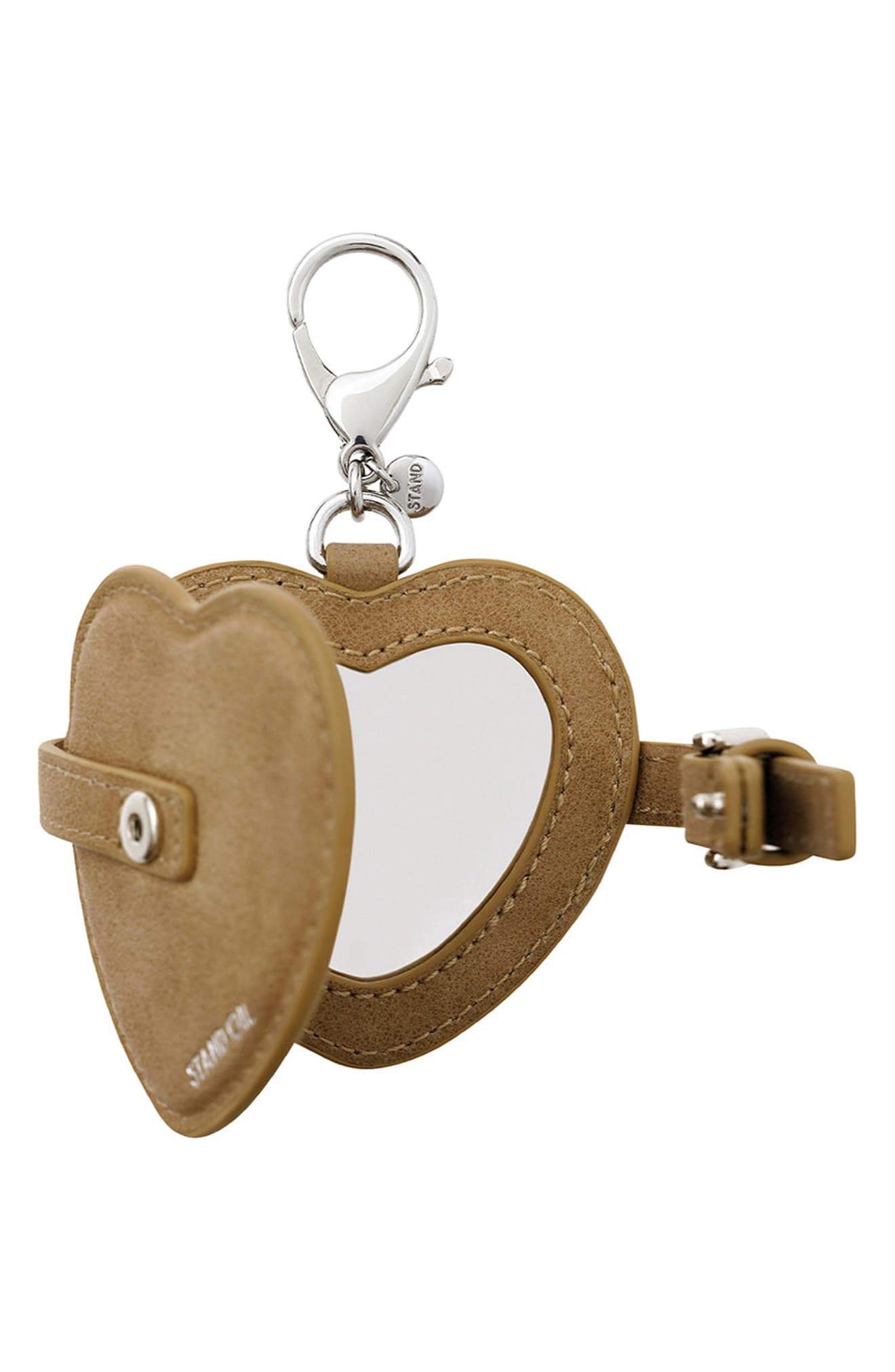 Stand Oil Belted Heart Mirror Faux Leather Key Ring Bag Charm, Alternate, color, Camel