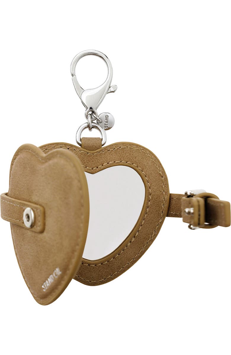 Stand Oil Belted Heart Mirror Faux Leather Key Ring Bag Charm, Alternate, color, Camel
