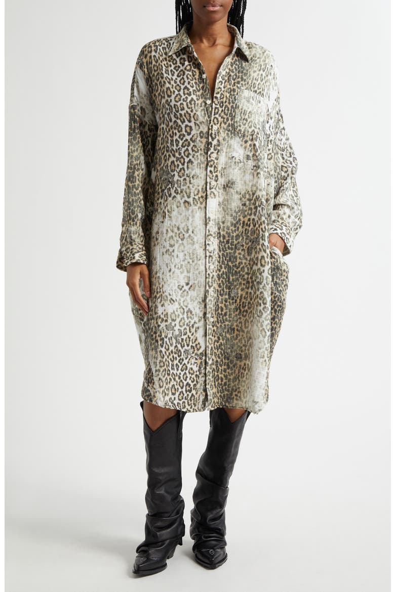 Jumbo Leopard Print Long Sleeve Shirtdress, Main, color, BLEACHED LEOPARD