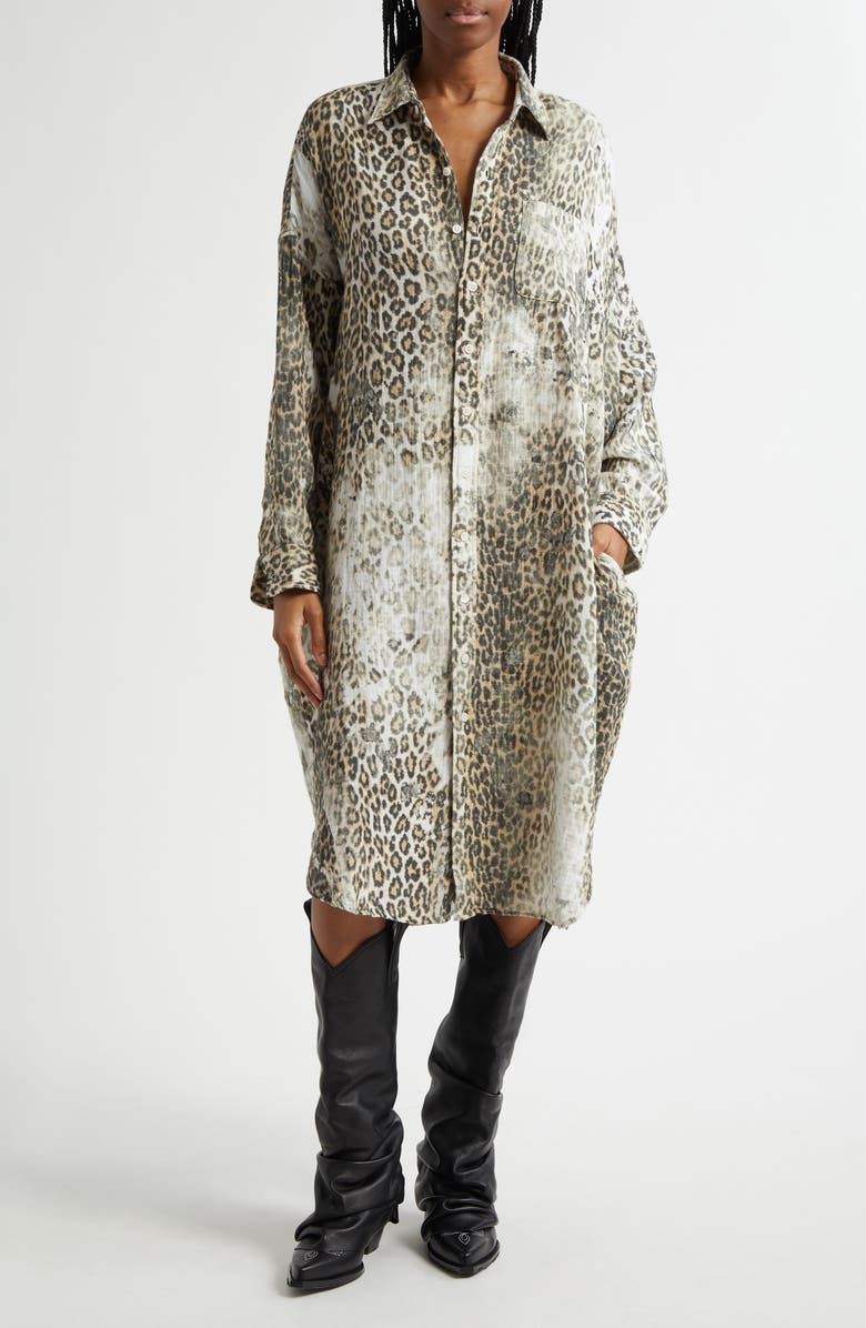R13 Jumbo Leopard Print Long Sleeve Shirtdress, Main, color, 