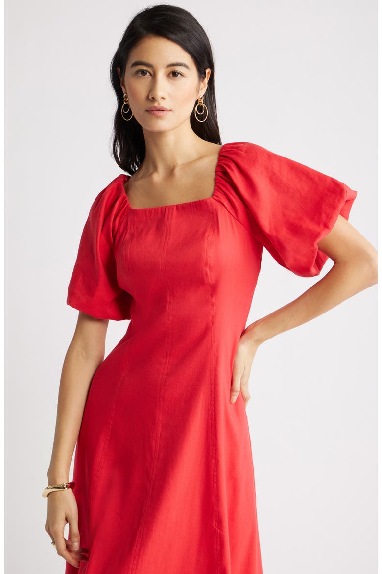 Seam Detail Linen Blend Midi Dress, Alternate, color, RED SAUCY