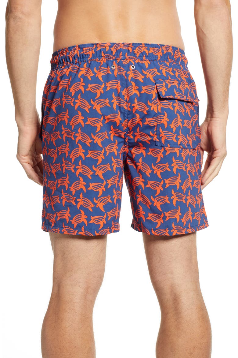 Turtle Print Swim Trunks, Alternate, color, NAVY/ ORANGE