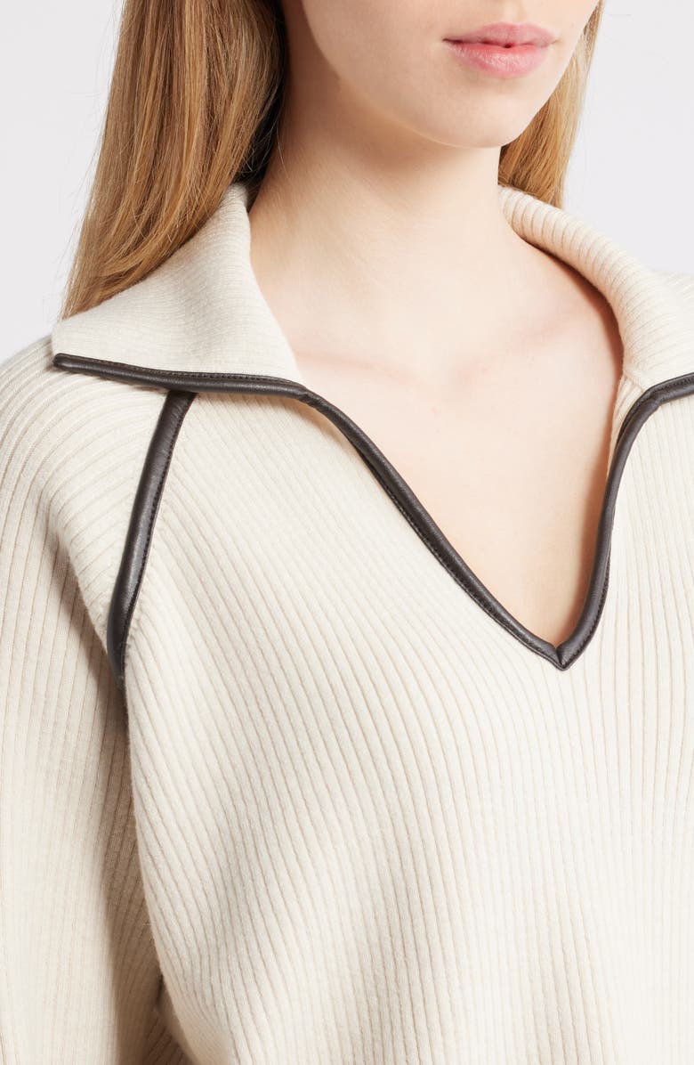 rag & bone Caterina Faux Leather Piped Trim Polo, Alternate, color, Ivory