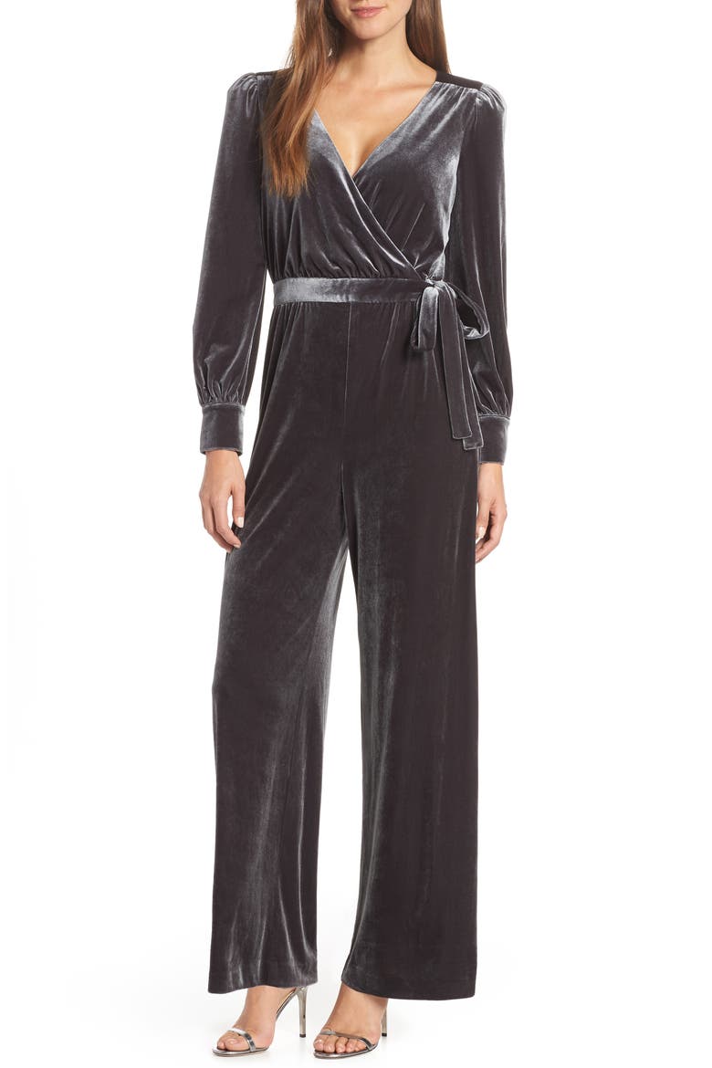 Wrap Look Velvet Jumpsuit, Main, color, GREY