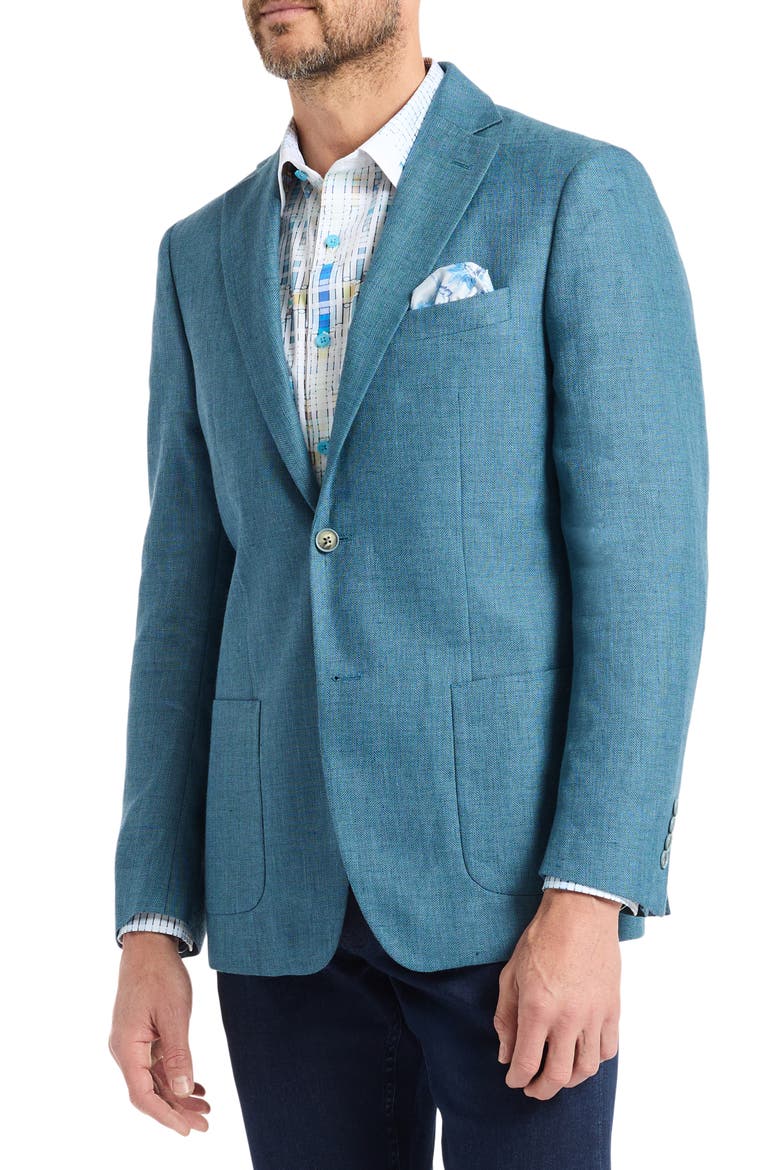 Fawler Tailored Fit Teal Blue Linen & Wool Herringbone Sport Coat, Alternate, color, LIGHT BLUE
