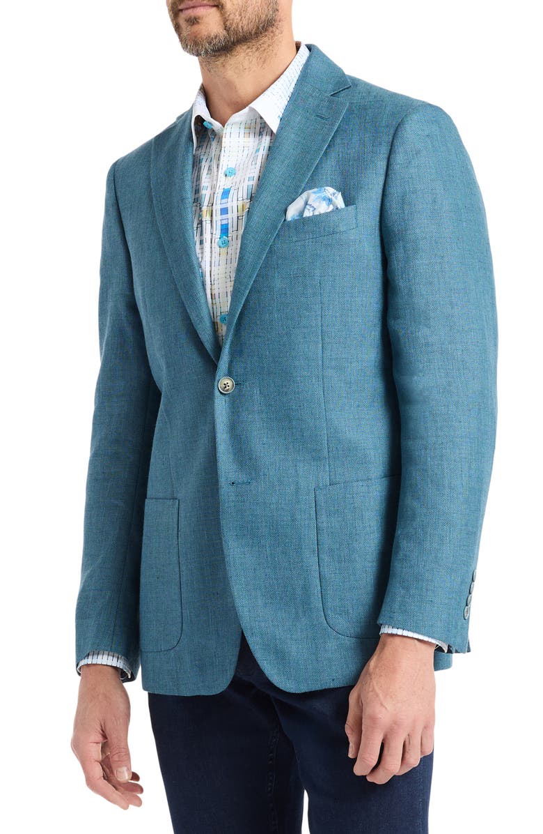 Robert Graham Fawler Tailored Fit Teal Blue Linen & Wool Herringbone Sport Coat, Alternate, color, Light Blue